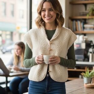 Vintage Miss Kalico Cream Faux Sherpa Fleece Button Front Vest Waistcoat L